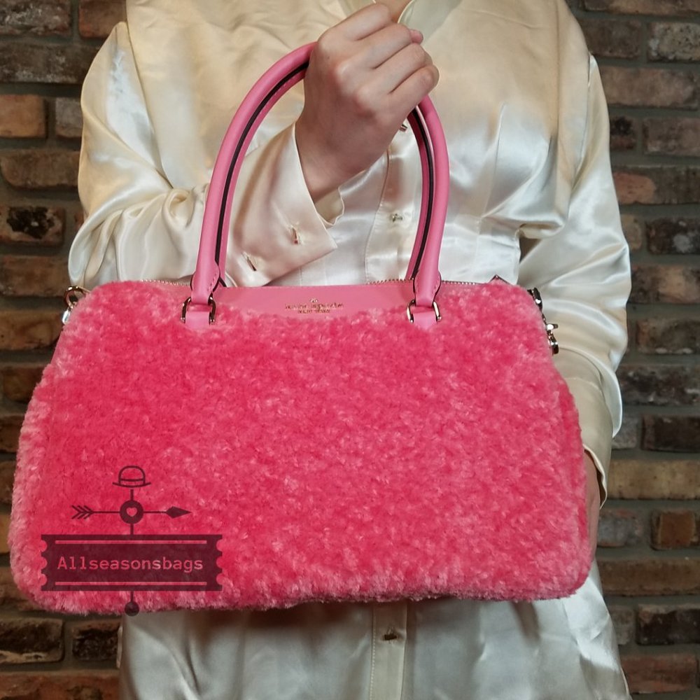 Kate Spade MIMI Medium Faux Fur Pomegranate Smooth Leather Satchel Hand Bag PINK - Picture 7 of 10